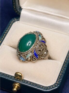Ring Sterling Vintage Chinese Export Jade Filigree Ring with Enamel Accents